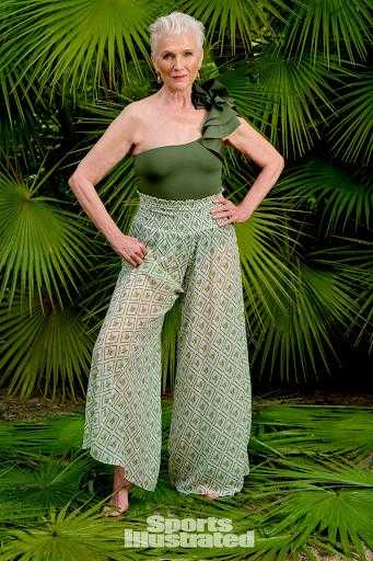 Maye Musk was photographed by Yu Tsai in Belize. Swimsuit by Maygel Coronel. Pants by Caroline Constas. Earrings by Cleopatra's Bling.